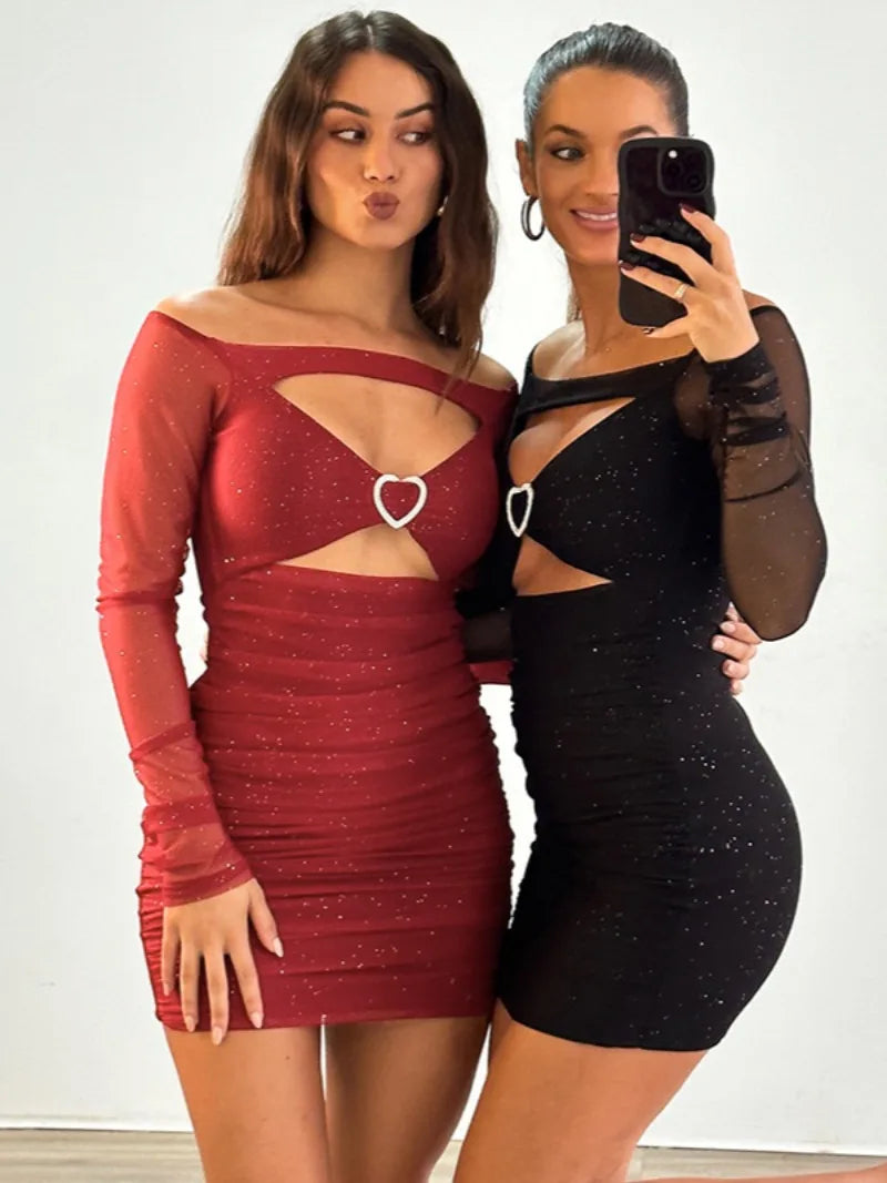 Red Rhinestone Slash Neck Mesh Patchwork Long Sleeve Party Dress