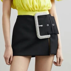 Women's High Waist Patchwork Diamond Mini Skirt with Split Side