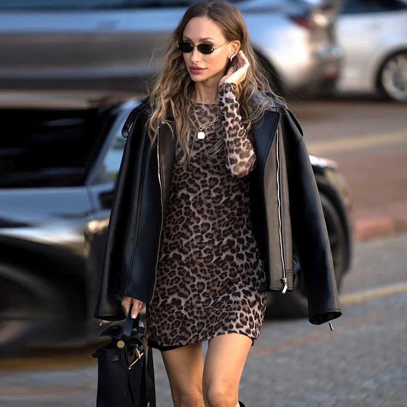 Stylish Leopard Print Long Sleeve Mini Dress