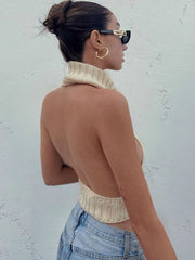 Knitted Turtleneck Crop Top – Sleeveless Backless Summer Party Wear