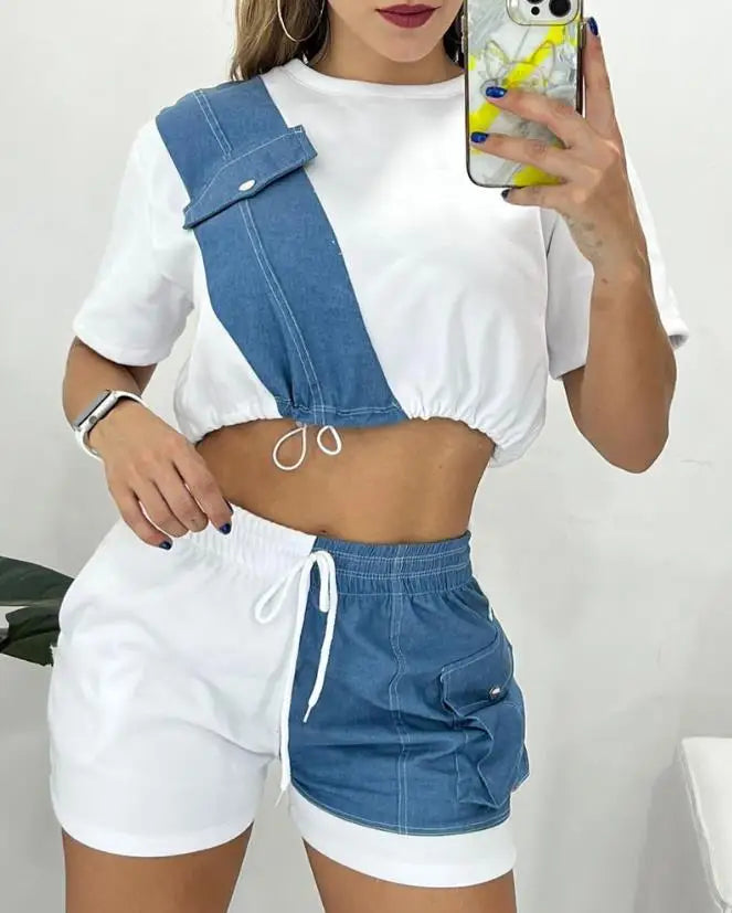 Women's Casual Denim Patch Short Sleeve Top and Drawstring Shorts Set