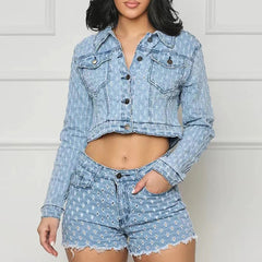 Fashion Blue Ripped Denim Two-Piece Set with Long Sleeve Jacket