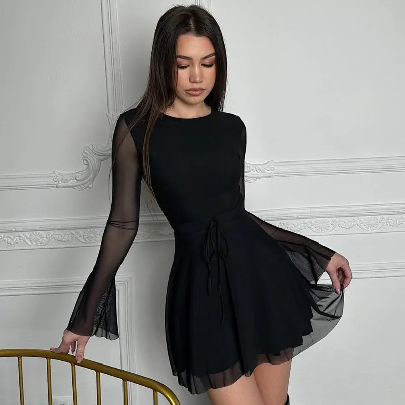 Black Mini Dress with Sheer Sleeves and Open Back Design