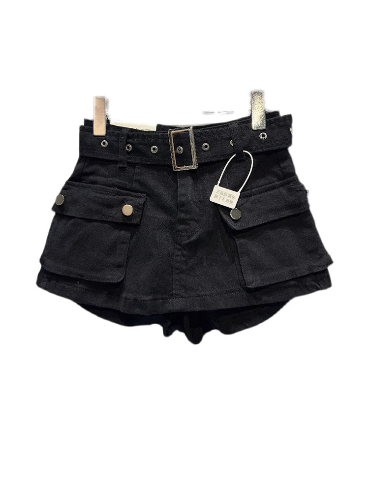 Short cargo taille haute noir pour femme, style streetwear tendance 