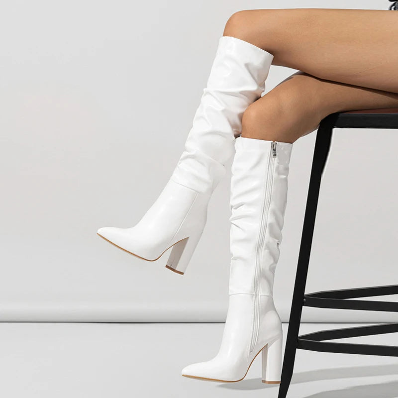 Bottes hautes en cuir plissées roses pour femmes avec talons à bout pointu 