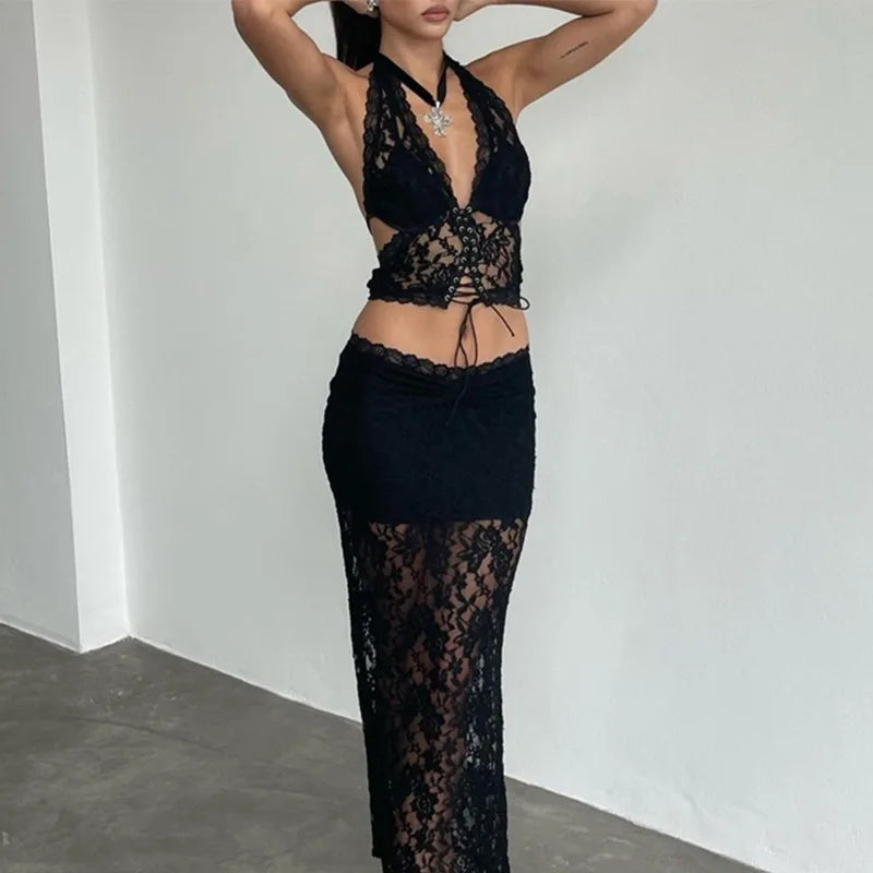 Ensemble de robe longue bandage en dentelle transparente Hater 