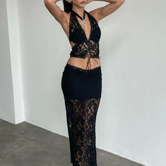 Hater Sheer Lace Bandage Maxi Dress Co-ord Set