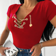 V-Neck Chain Decoration Casual Slim Fit Three-Quarter Sleeve Top