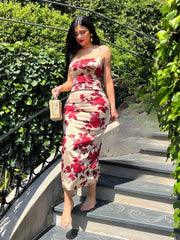 Robe mi-longue dos nu à bretelles fines et fleurs pour femme, idéale pour les fêtes