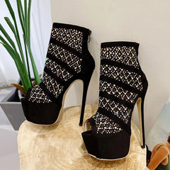 Women's Rhinestone Mesh Peep Toe Ankle Boots with High Heels