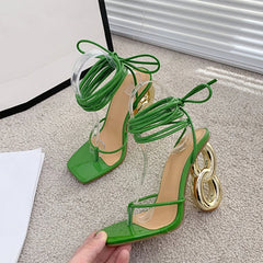 Green Cross Ankle Strap High Heels Sandals for Women