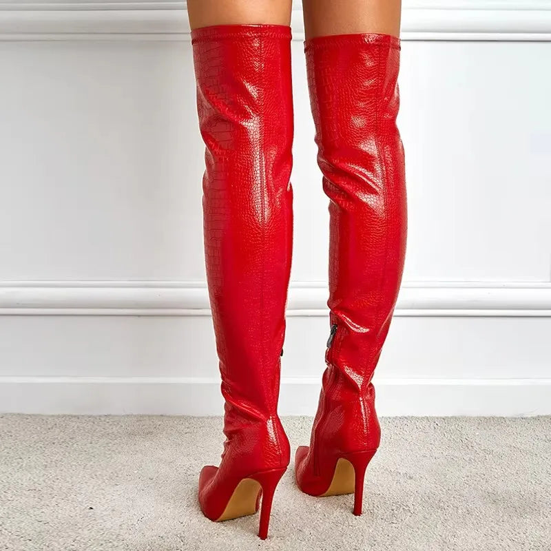 Bottes à talons aiguilles confortables en cuir rose au-dessus du genou pour femmes 