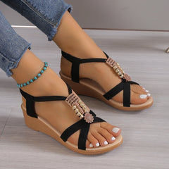 New Women Solid Color Ankle Buckle Wedge Sandals