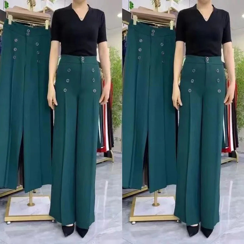 Pantalon ample taille haute à jambes larges de couleur unie pour femmes