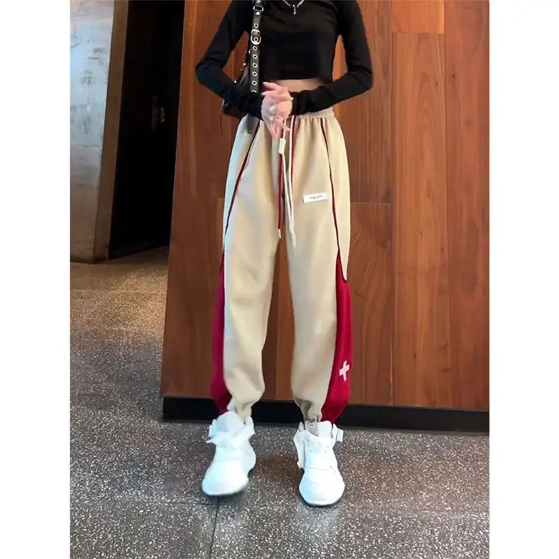 Spring Autumn Color Contrast Harem Jogger Sweatpants with Pockets