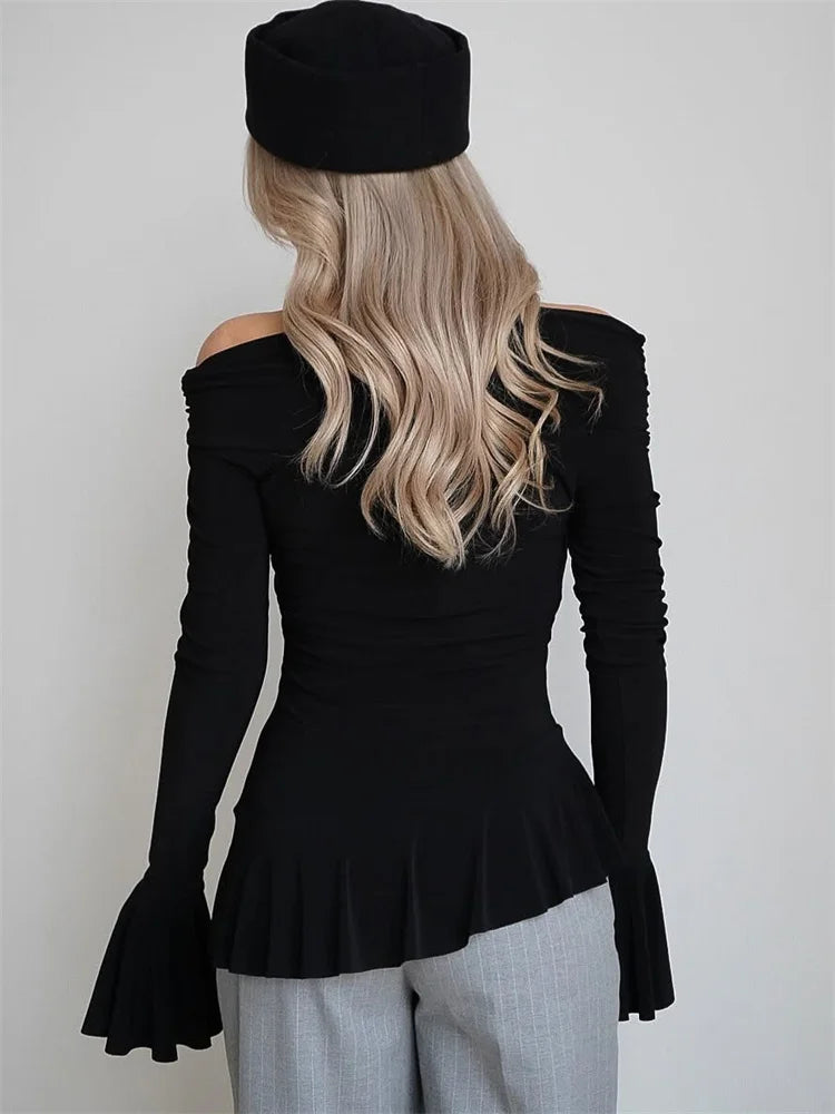 Women's White Ruffled Long Sleeve Backless Casual T-Shirt Top