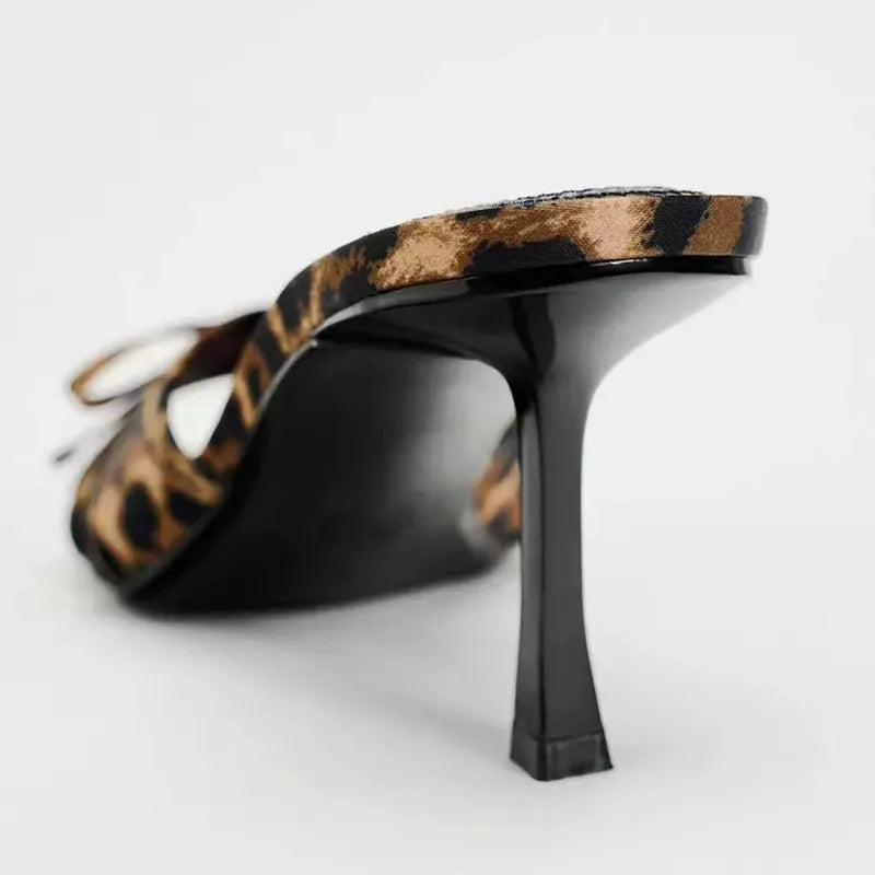 Women’s Bow Knot Leopard Print High Heel Slippers in Quality Design