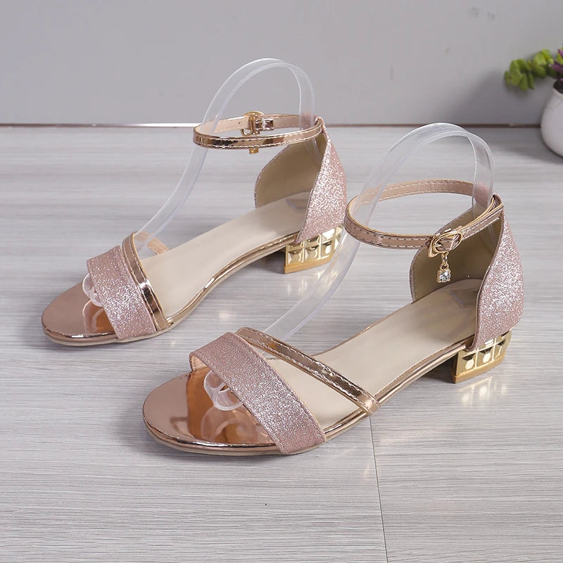 Women's Crystal Open-Toed Thick Heel Sandals for Summer Parties