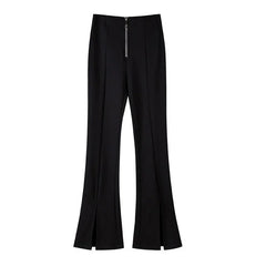 Pantalon noir à fermeture éclair et patchwork pour femme, pantalon slim taille haute