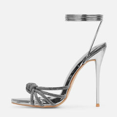 Silver Crystal Narrow Band Women's Open Toe High Heels Sandals