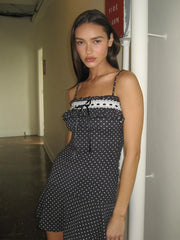 Navy Blue Lace Patchwork Polka Dot Print Slip Dress for Women