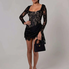 Black Lace Dress with Long Sleeves and Asymmetrical Hemline