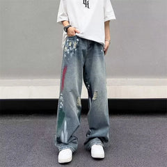 Men's Distressed Splash Ink Baggy Jeans – Loose Fit Streetwear Denim