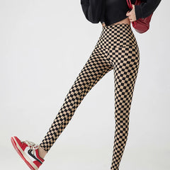 Women's Khaki Checkerboard Plaid Shark Leggings High Waist Seamless