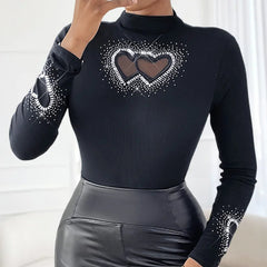 Rhinestone Heart Pattern Stand Collar Slim Fit Long Sleeve Tee