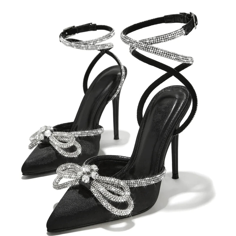 Designer Butterfly-Knot Crystal Buckle Strap Women Pumps Elegant High Heels