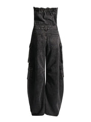 Solid Patchwork Pocket Casual Denim Jumpsuit for Women Strapless