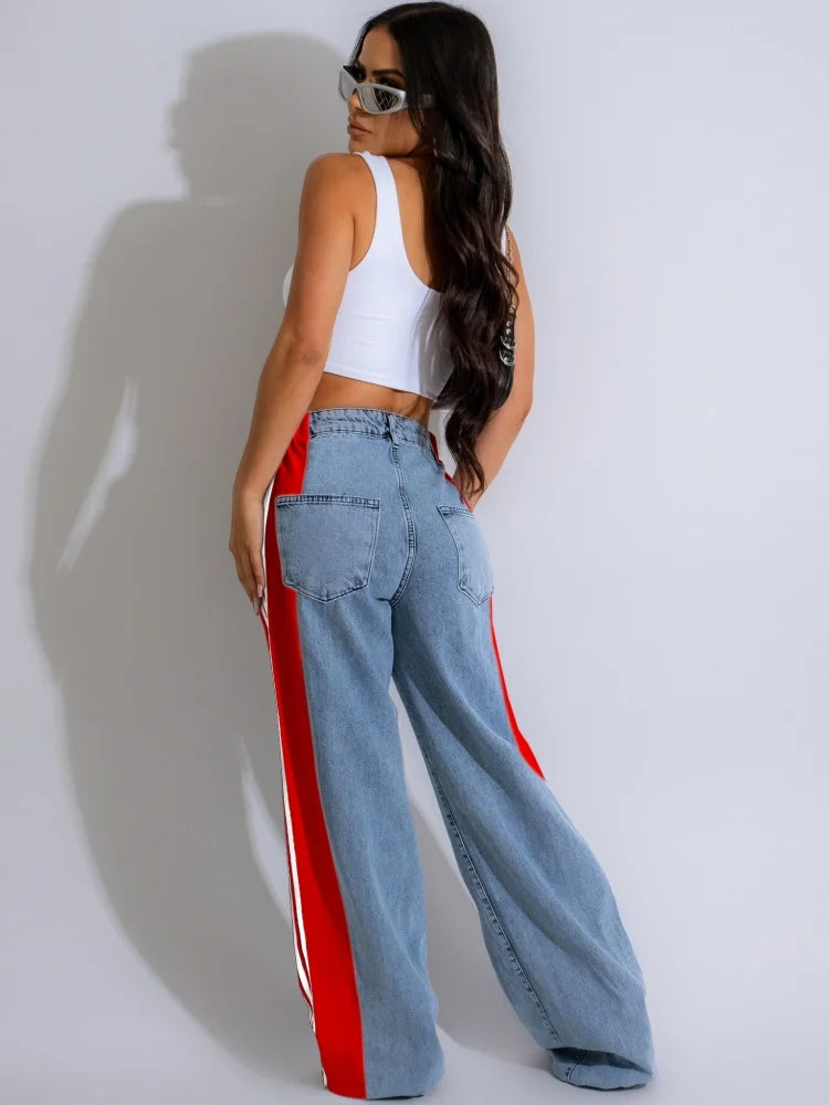 Women’s Striped Denim Loose Pants with Buttons and Pockets