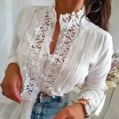 Women's Floral Pattern Lace Patch Button Long Sleeve Blouse