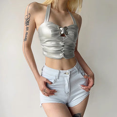 Silver PU Leather Butterfly Buckle Halter Crop Top for Women