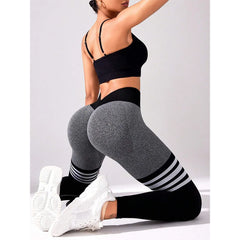 Women Seamless Stripe High Waist Yoga Leggings with Tummy Control