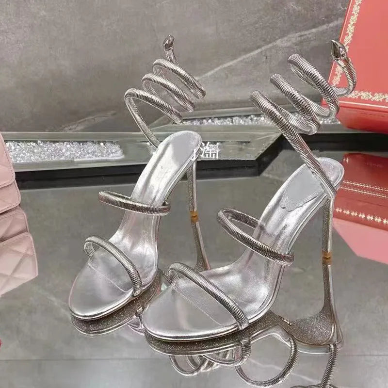 Sandales à talon aiguille à brides spiralées et bande étroite pour femmes de style étoile