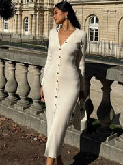 Robe longue élégante en tricot à manches longues et col en V avec fente boutonnée