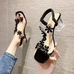 Women's Elegant High Heels Sandals with Crystal Flower Back Strap