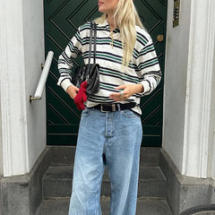 Polo décontracté à manches longues et rayures tendance pour femme 