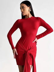 Women's Red O-Neck Long Sleeve Bandage Mini Dress for Parties