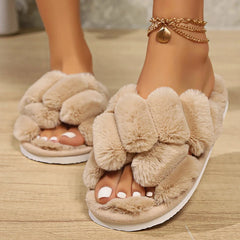 Women's Winter Fluffy Cross Strap Peep Toe Plush Slippers