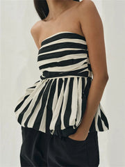 Women's Striped Print Strapless Ruched Backless Cropped Top