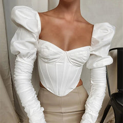 Elegant Romantic Irregular Cropped Corset Top with Puff Sleeves