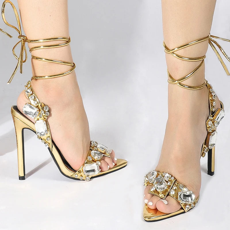 Gold Ankle Strap Sandals with Crystal Diamond Pointed Toe