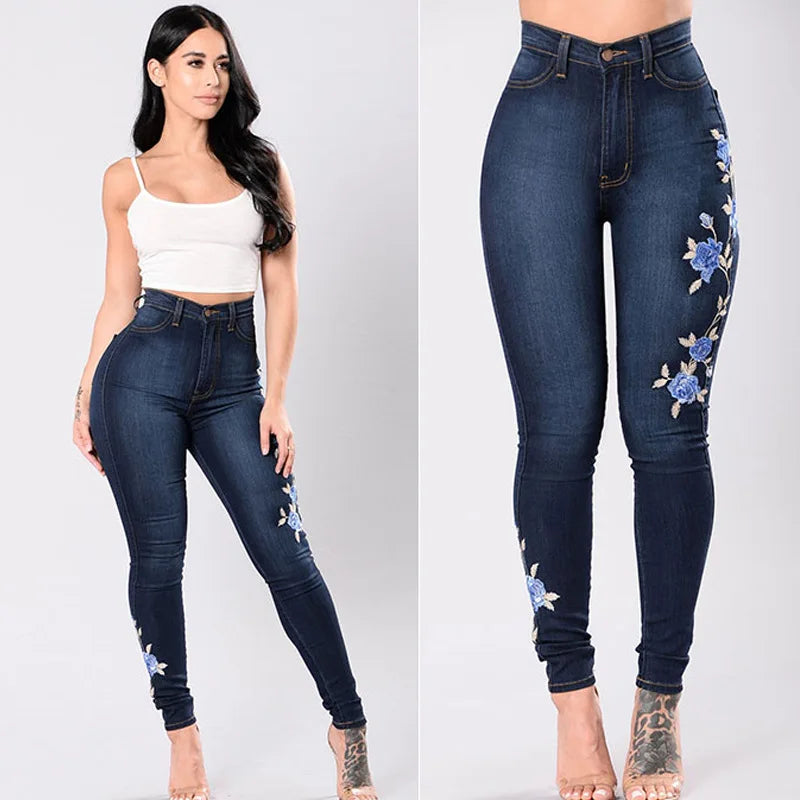 Women's High Waist Embroidered Slim Stretch Denim Pencil Pants