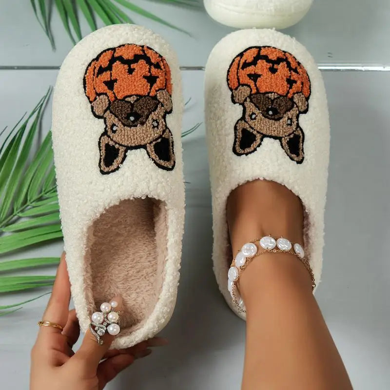 Chaussons d'intérieur chauds en peluche à imprimés multiples pour femmes avec semelle souple