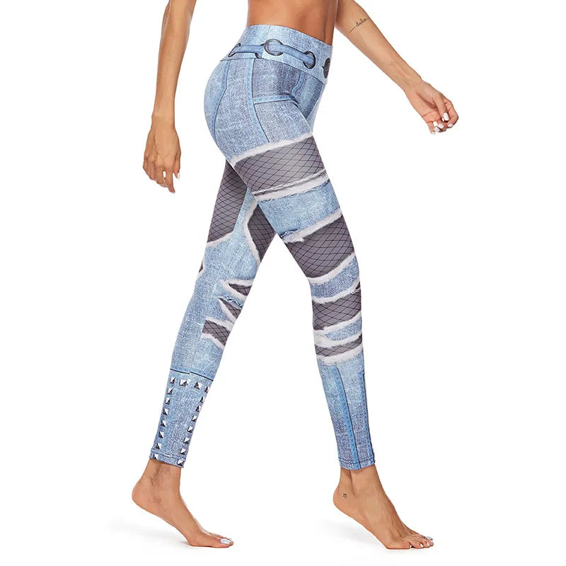 Pantalon de yoga push-up en denim imprimé pour femme - Legging de fitness taille haute 