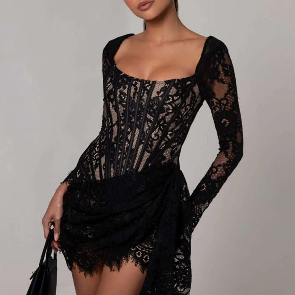 Black Lace Dress with Long Sleeves and Asymmetrical Hemline