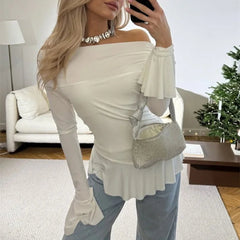 Women's White Ruffled Long Sleeve Backless Casual T-Shirt Top