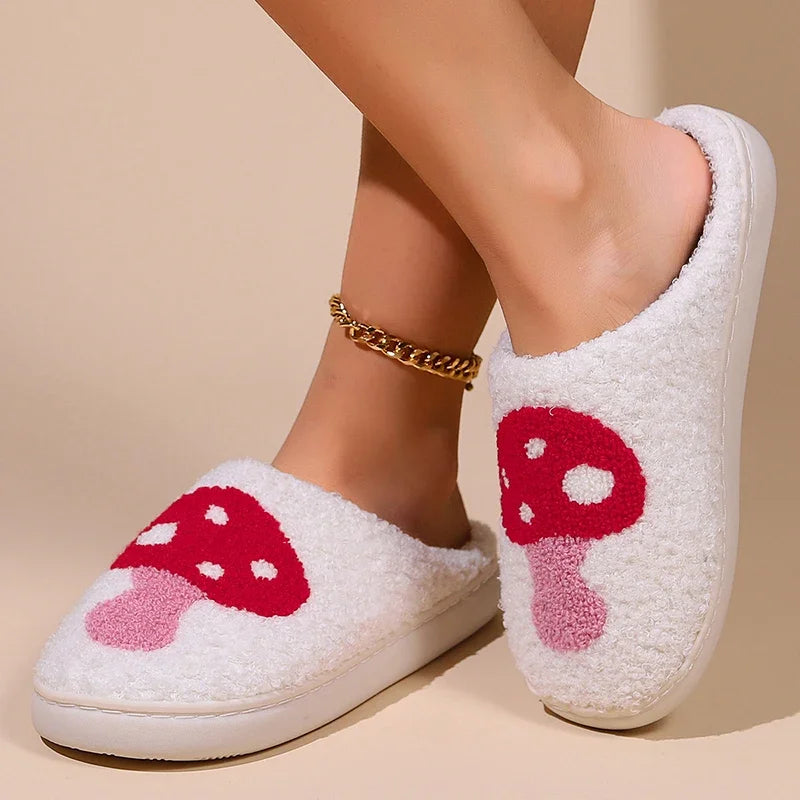 Winter Strawberry Pattern Women's Cotton Fluffy Slippers for Home